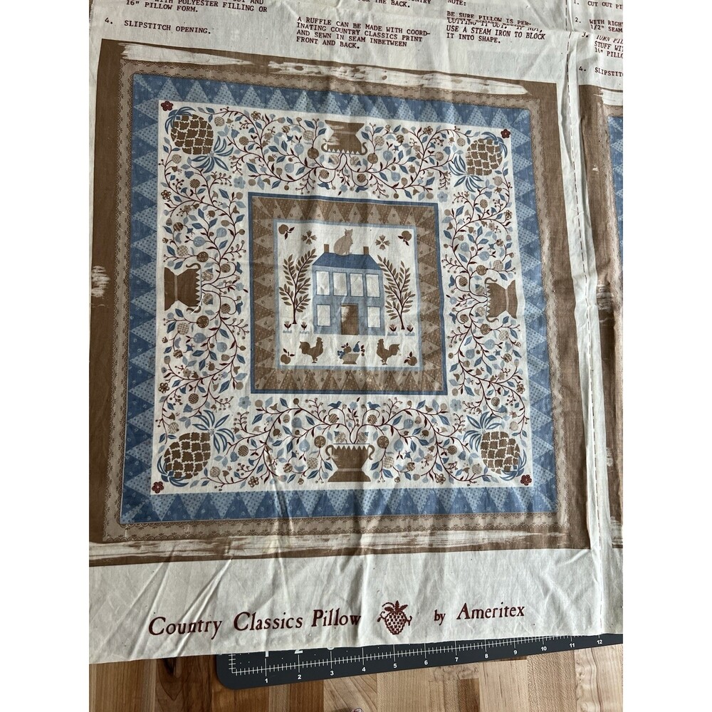 Ameritex Cotton Fabric Pillow Panel Country Classics Brown Blue Set of 2 Flawed